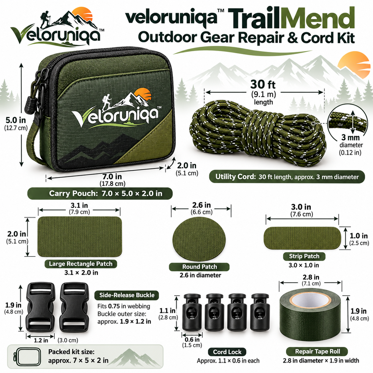 veloruniqa™ TrailMend Outdoor Gear Repair & Cord Kit