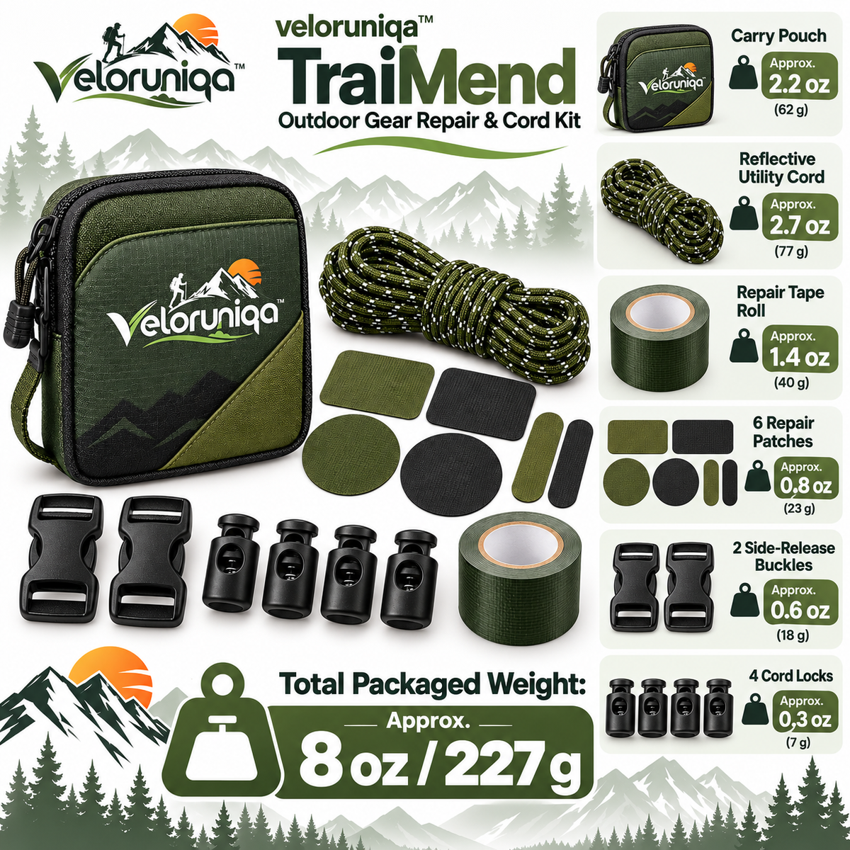 veloruniqa™ TrailMend Outdoor Gear Repair & Cord Kit