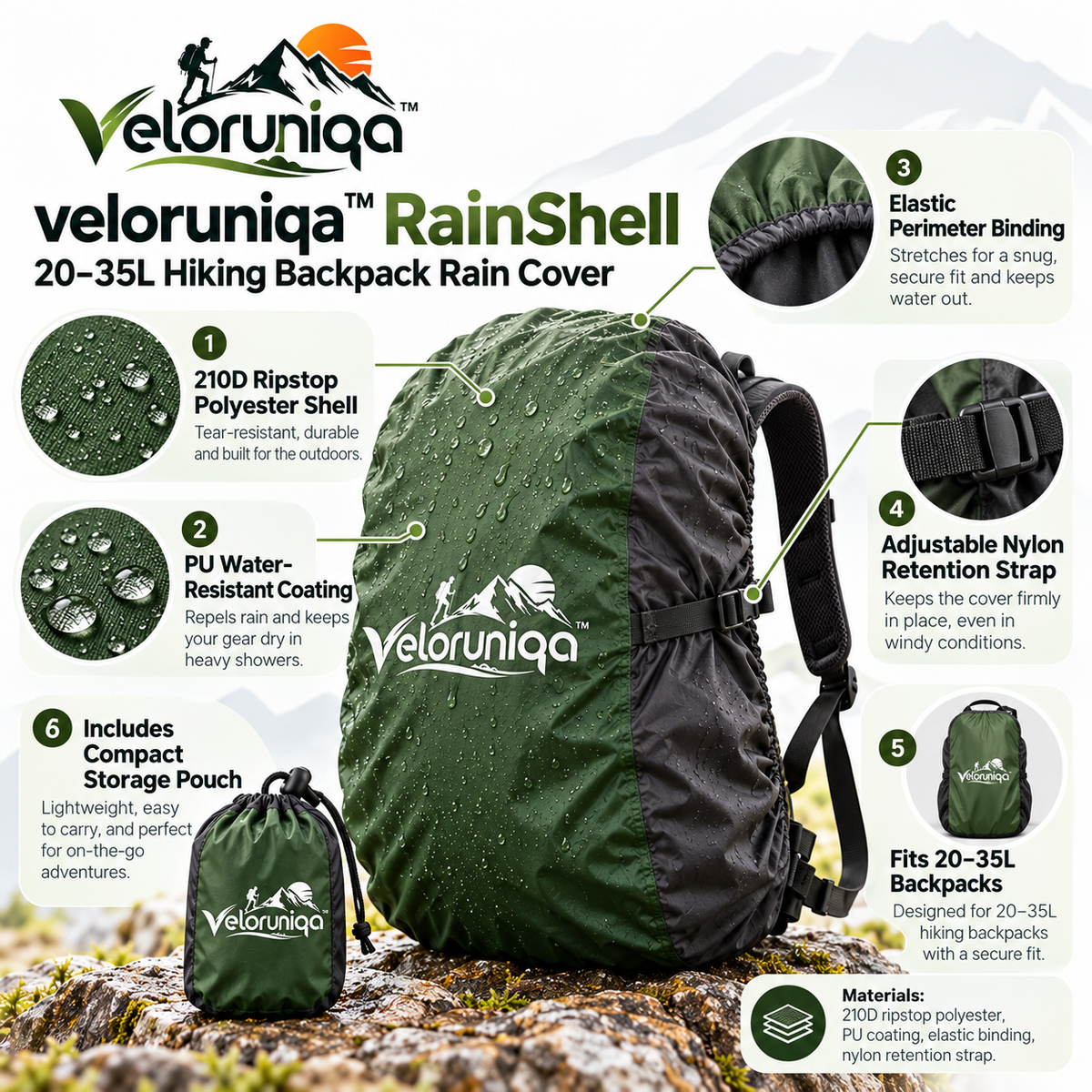 veloruniqa™ RainShell 20–35L Hiking Backpack Rain Cover