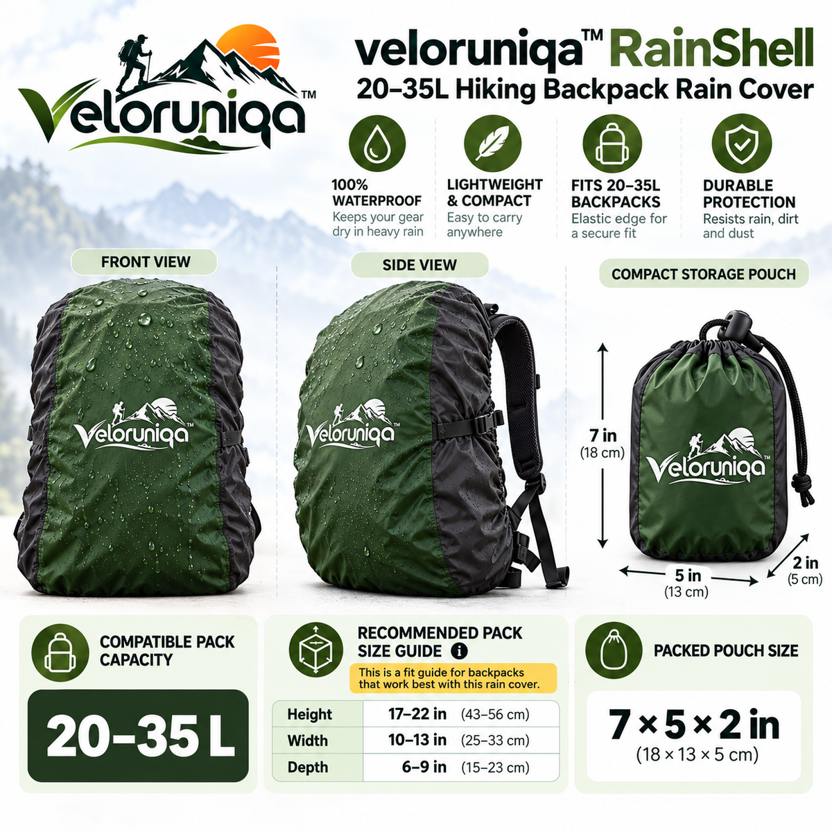 veloruniqa™ RainShell 20–35L Hiking Backpack Rain Cover