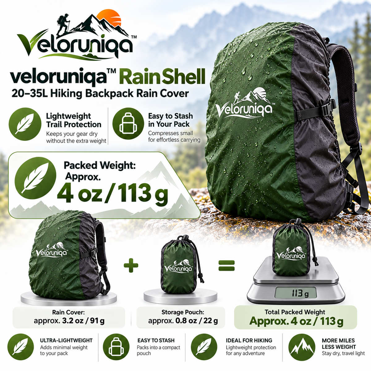 veloruniqa™ RainShell 20–35L Hiking Backpack Rain Cover