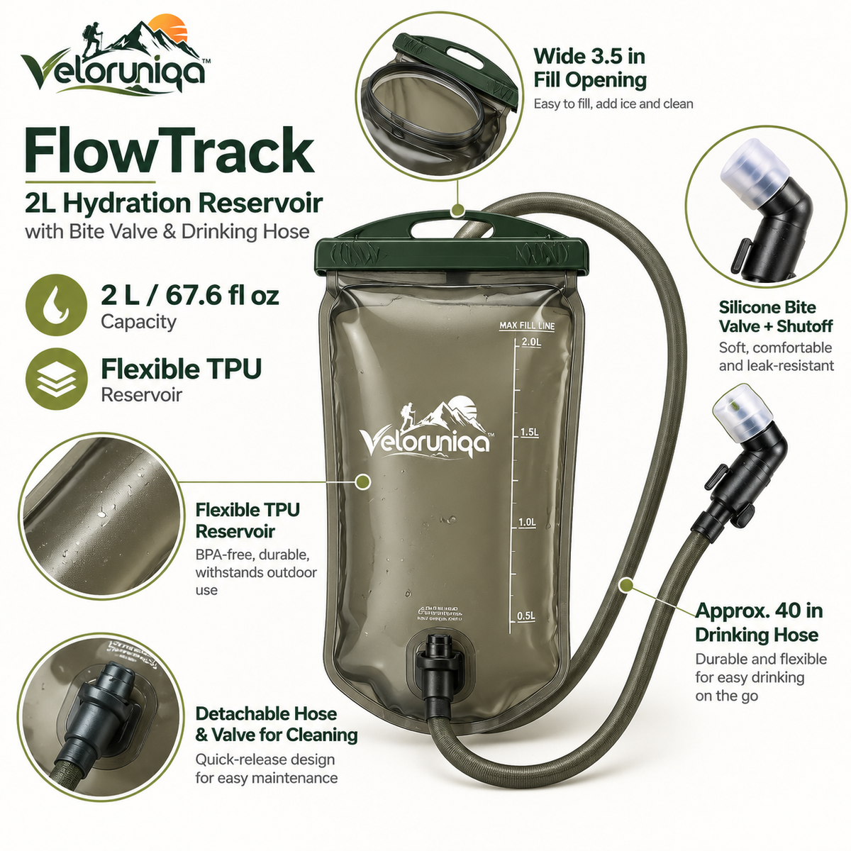 veloruniqa™ FlowTrack 2L Hydration Reservoir with Bite Valve & Drinking Hose