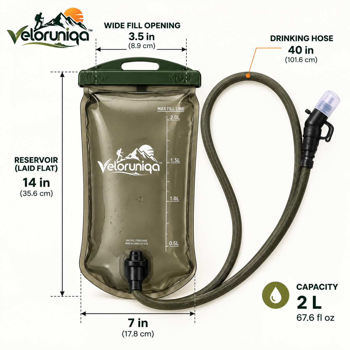 veloruniqa™ FlowTrack 2L Hydration Reservoir with Bite Valve & Drinking Hose