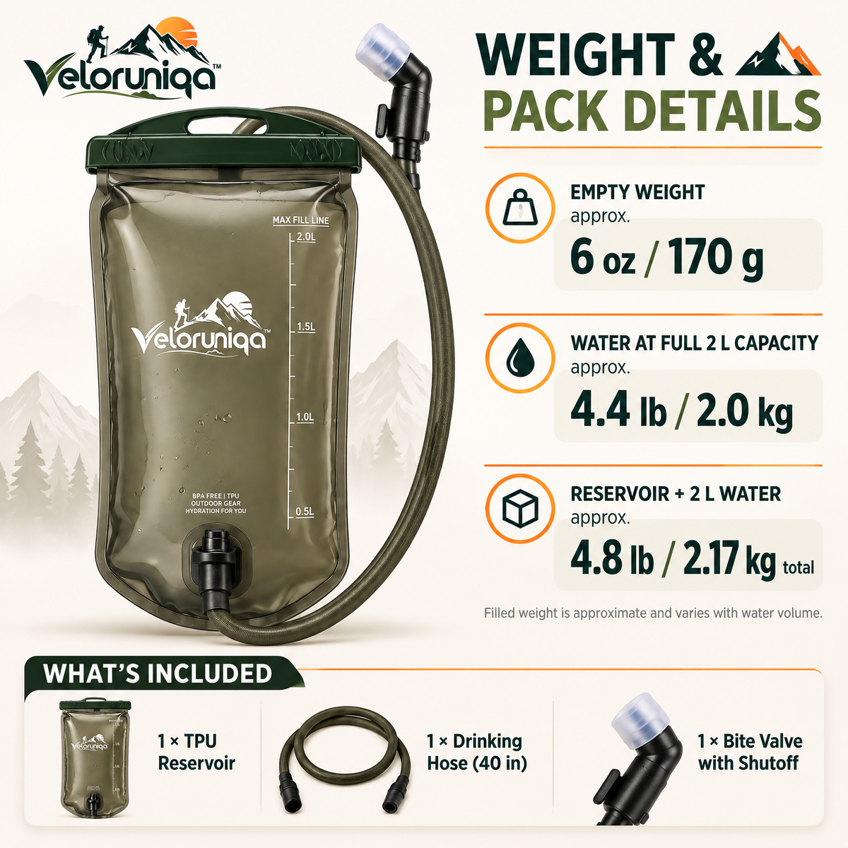 veloruniqa™ FlowTrack 2L Hydration Reservoir with Bite Valve & Drinking Hose