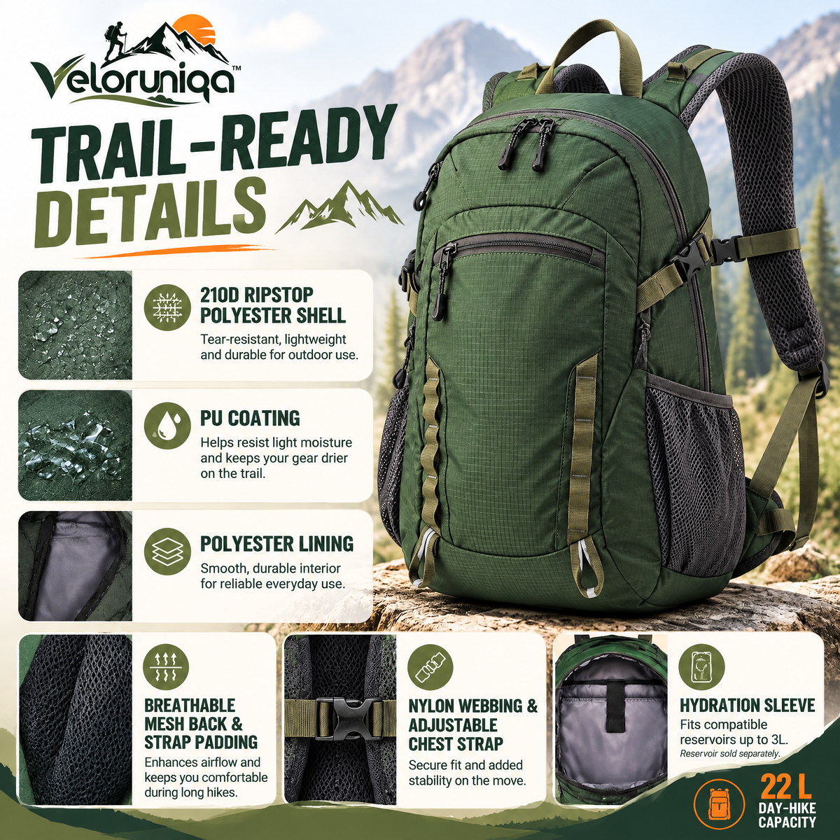 veloruniqa™ SummitStride 22L Hiking Daypack with Hydration Sleeve