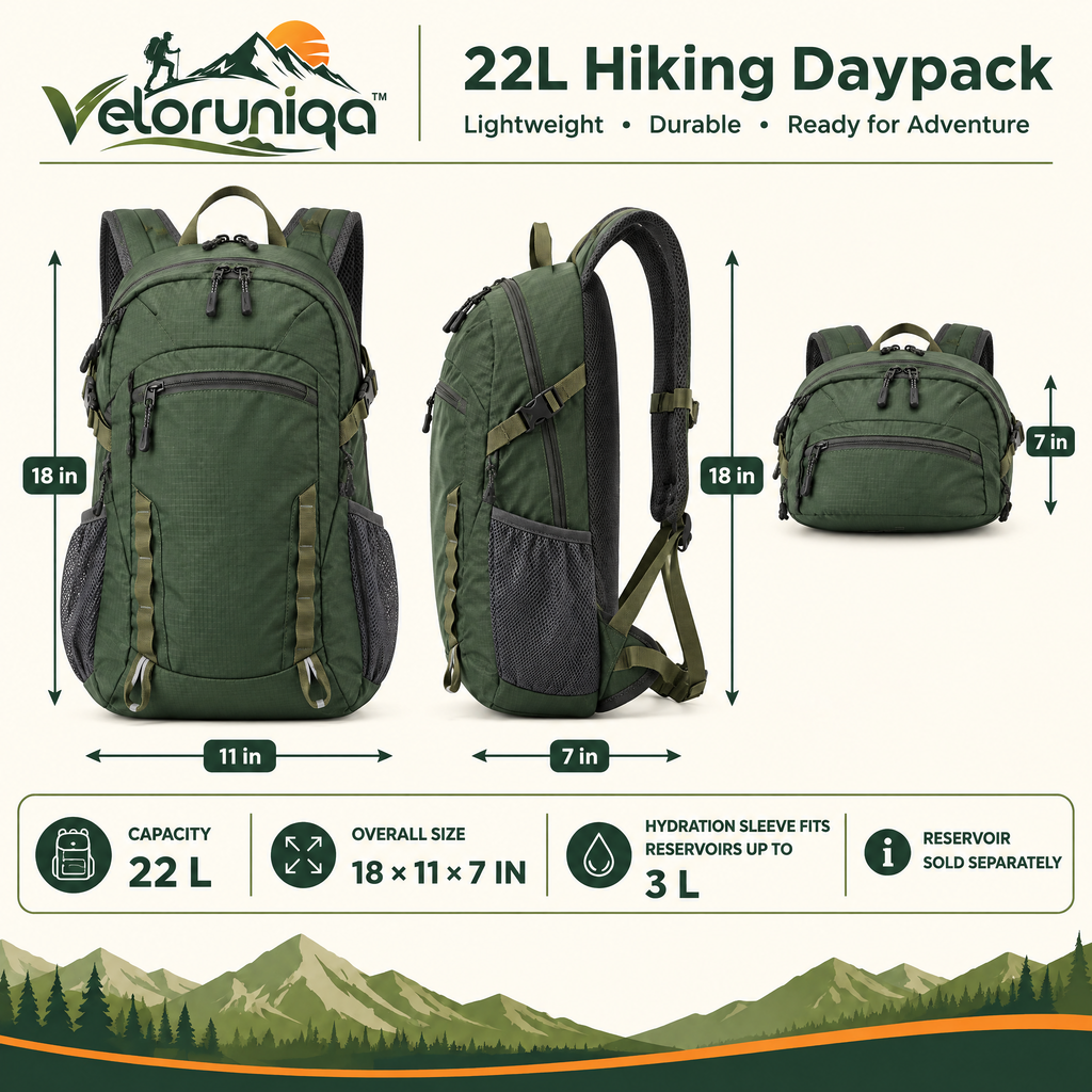 veloruniqa™ SummitStride 22L Hiking Daypack with Hydration Sleeve