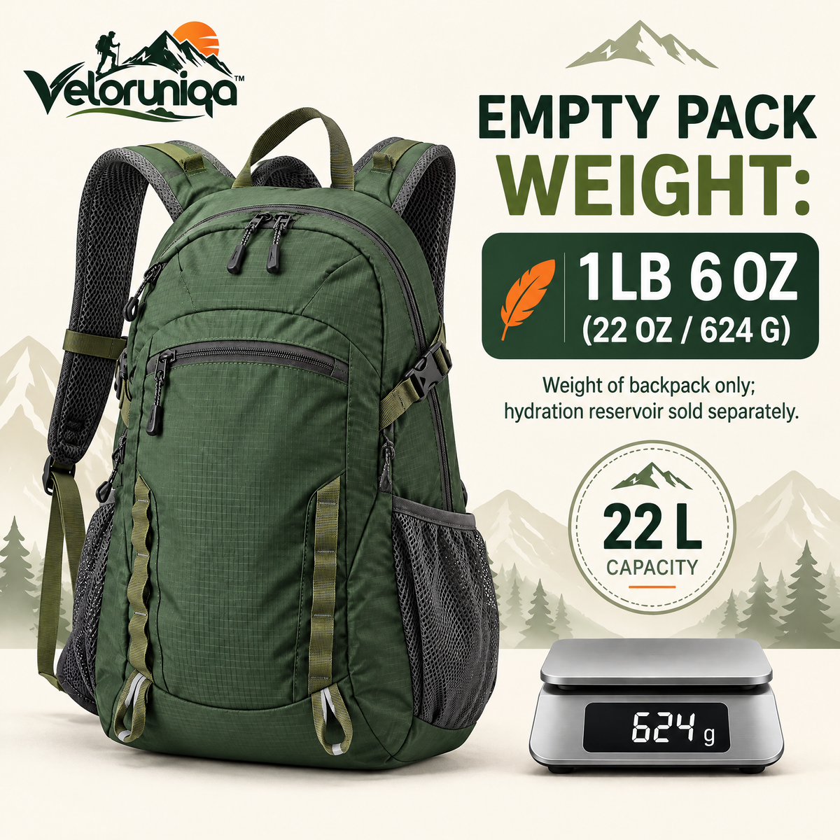 veloruniqa™ SummitStride 22L Hiking Daypack with Hydration Sleeve