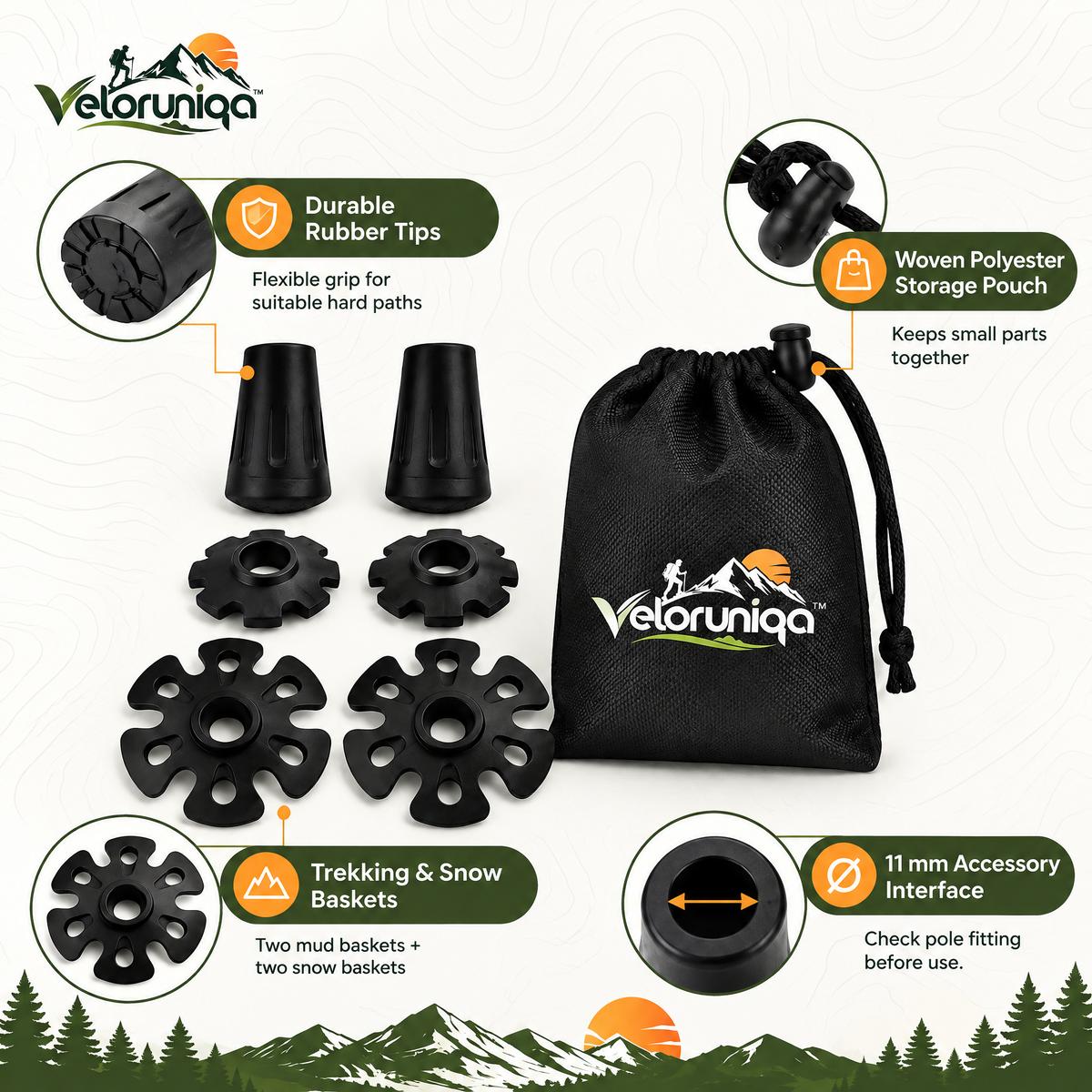 veloruniqa™ TrekFix Trekking Pole Replacement Tips & Trail Baskets Kit