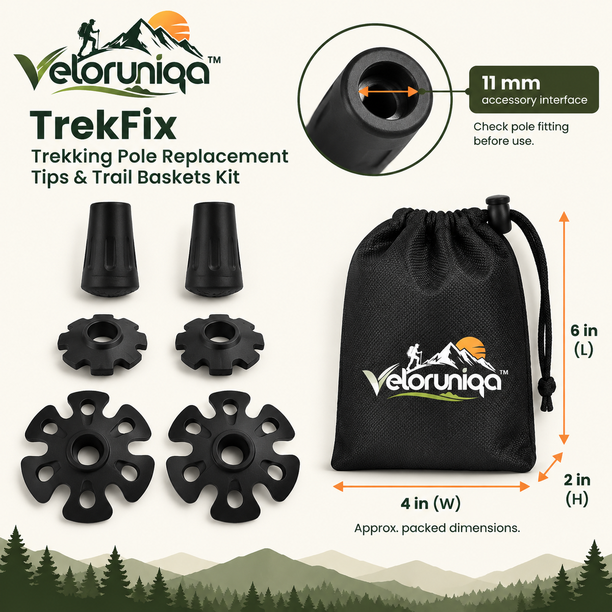 veloruniqa™ TrekFix Trekking Pole Replacement Tips & Trail Baskets Kit