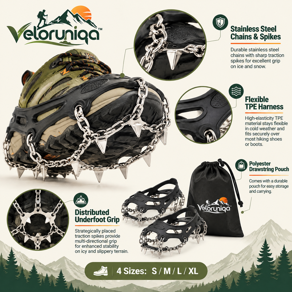 veloruniqa™ FrostGrip Hiking Ice Cleats — Stainless Steel Traction Spikes