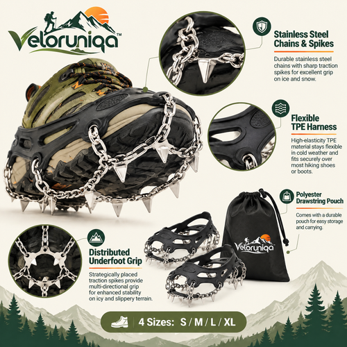 veloruniqa™ FrostGrip Hiking Ice Cleats — Stainless Steel Traction Spikes