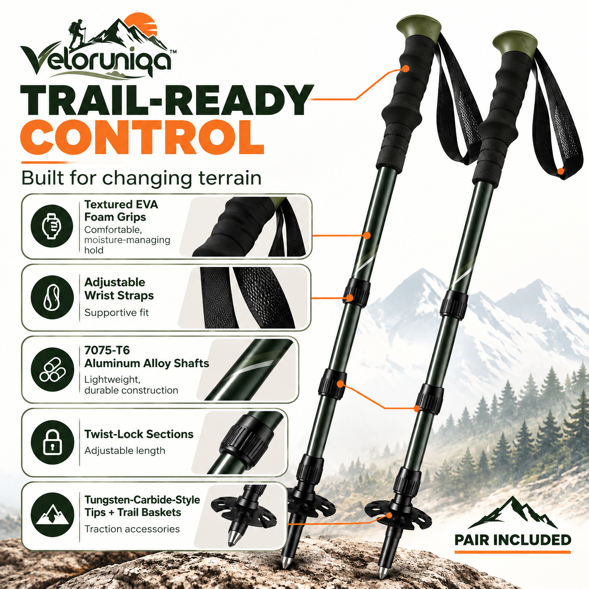 veloruniqa™ TrailAxis Adjustable Aluminum Trekking Poles — Pair