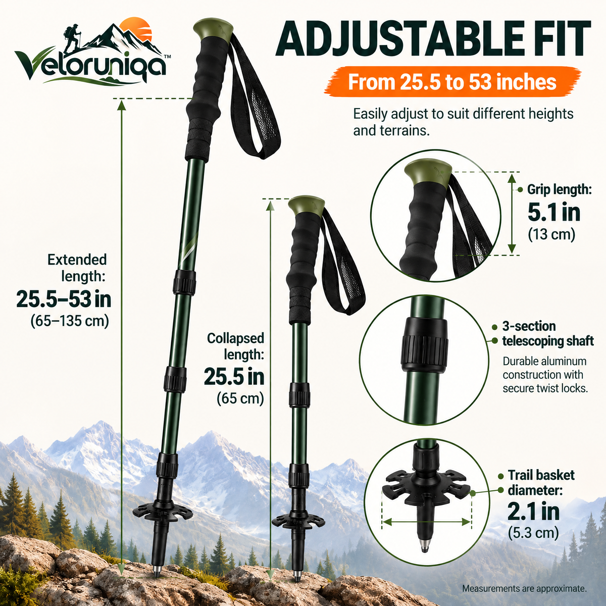 veloruniqa™ TrailAxis Adjustable Aluminum Trekking Poles — Pair
