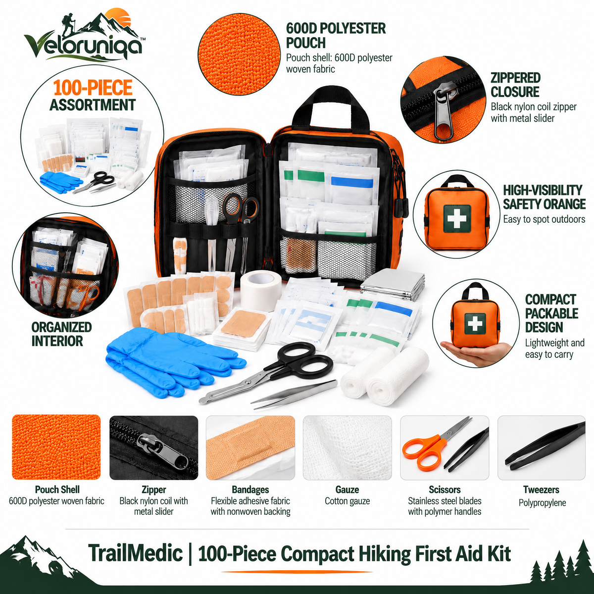 veloruniqa™ TrailMedic 100-Piece Compact Hiking First Aid Kit