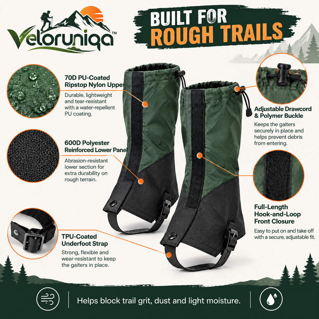 veloruniqa™ RidgeGuard Mid-Calf Hiking Gaiters — Adjustable Trail Leg Covers