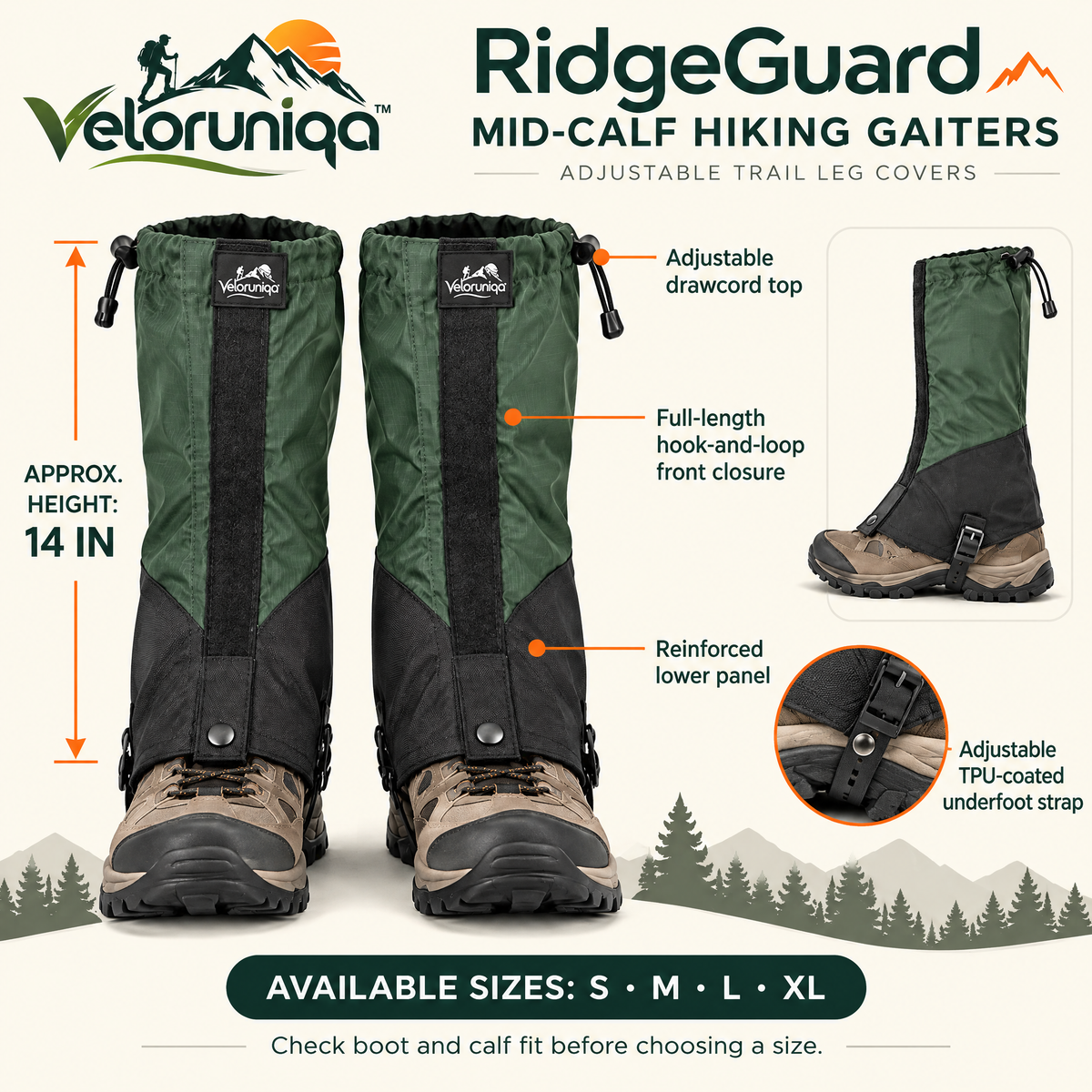 veloruniqa™ RidgeGuard Mid-Calf Hiking Gaiters — Adjustable Trail Leg Covers