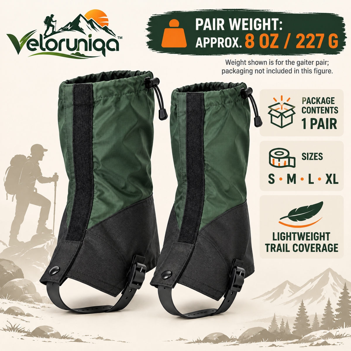 veloruniqa™ RidgeGuard Mid-Calf Hiking Gaiters — Adjustable Trail Leg Covers