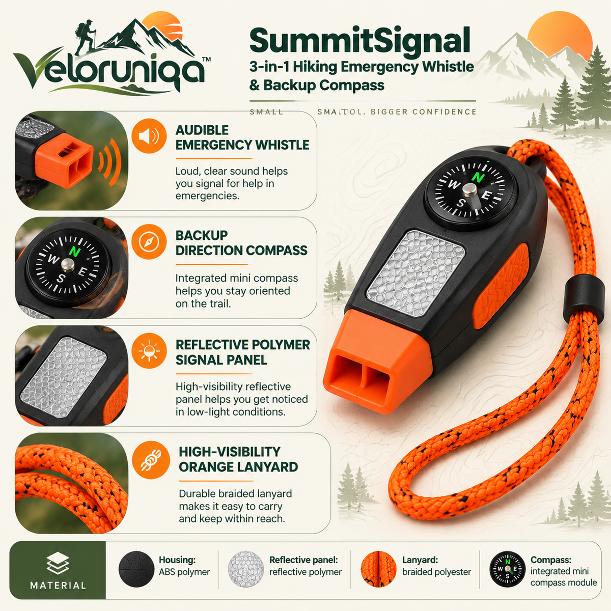 veloruniqa™ SummitSignal 3-in-1 Hiking Emergency Whistle & Backup Compass