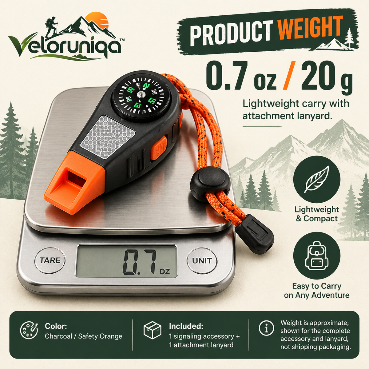 veloruniqa™ SummitSignal 3-in-1 Hiking Emergency Whistle & Backup Compass