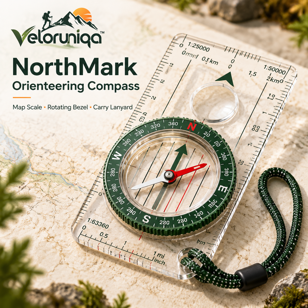 veloruniqa™ NorthMark Orienteering Compass with Map Scale & Lanyard