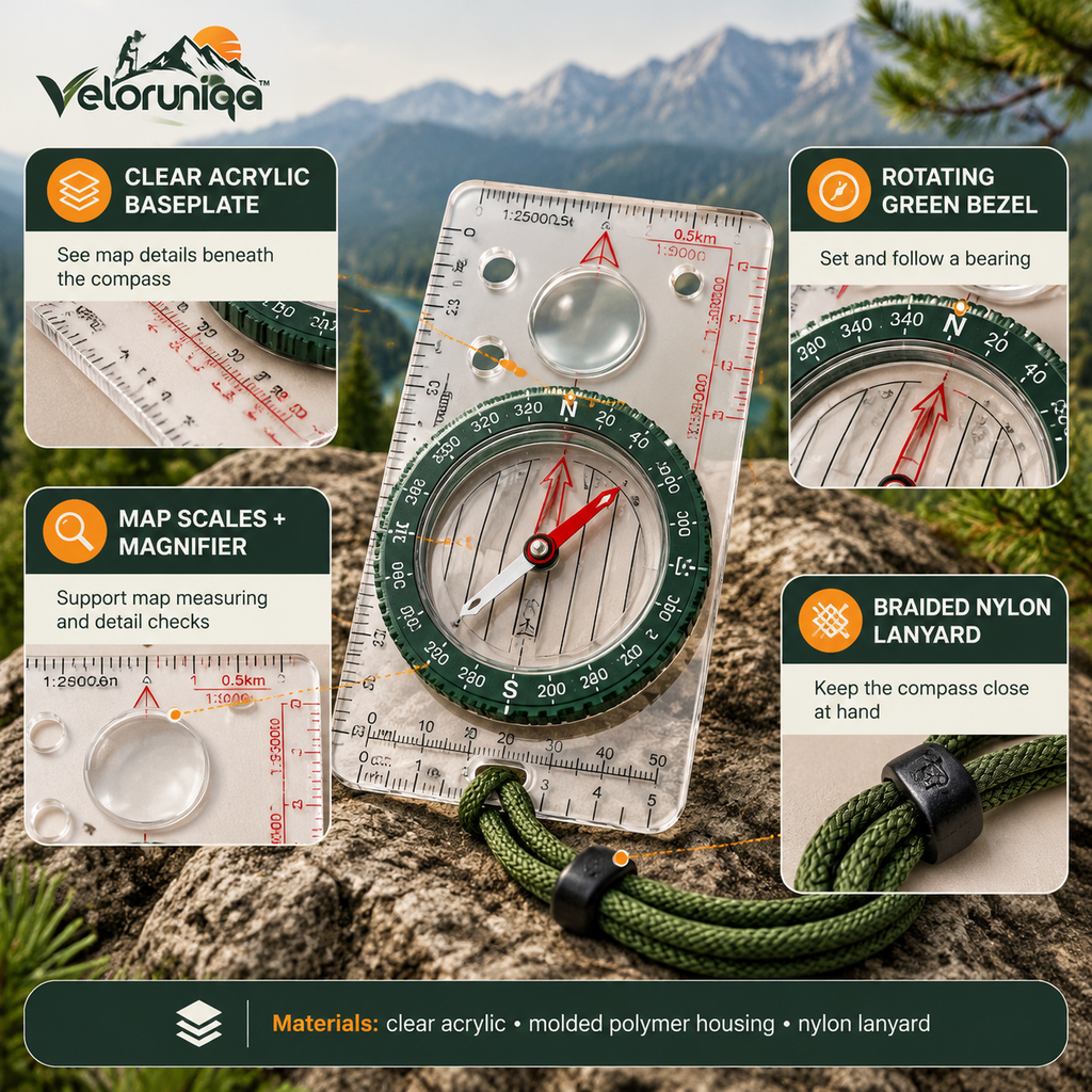 veloruniqa™ NorthMark Orienteering Compass with Map Scale & Lanyard