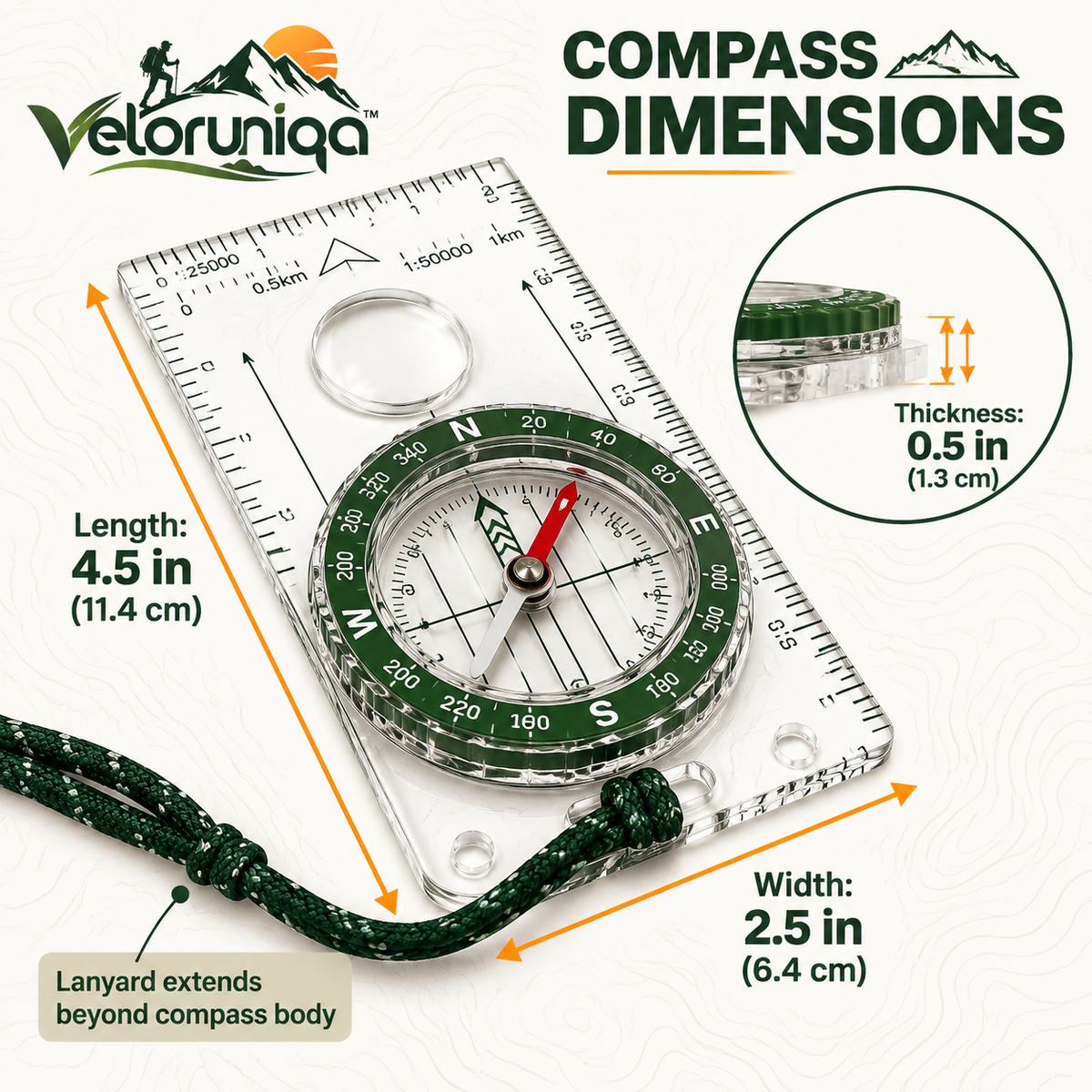 veloruniqa™ NorthMark Orienteering Compass with Map Scale & Lanyard