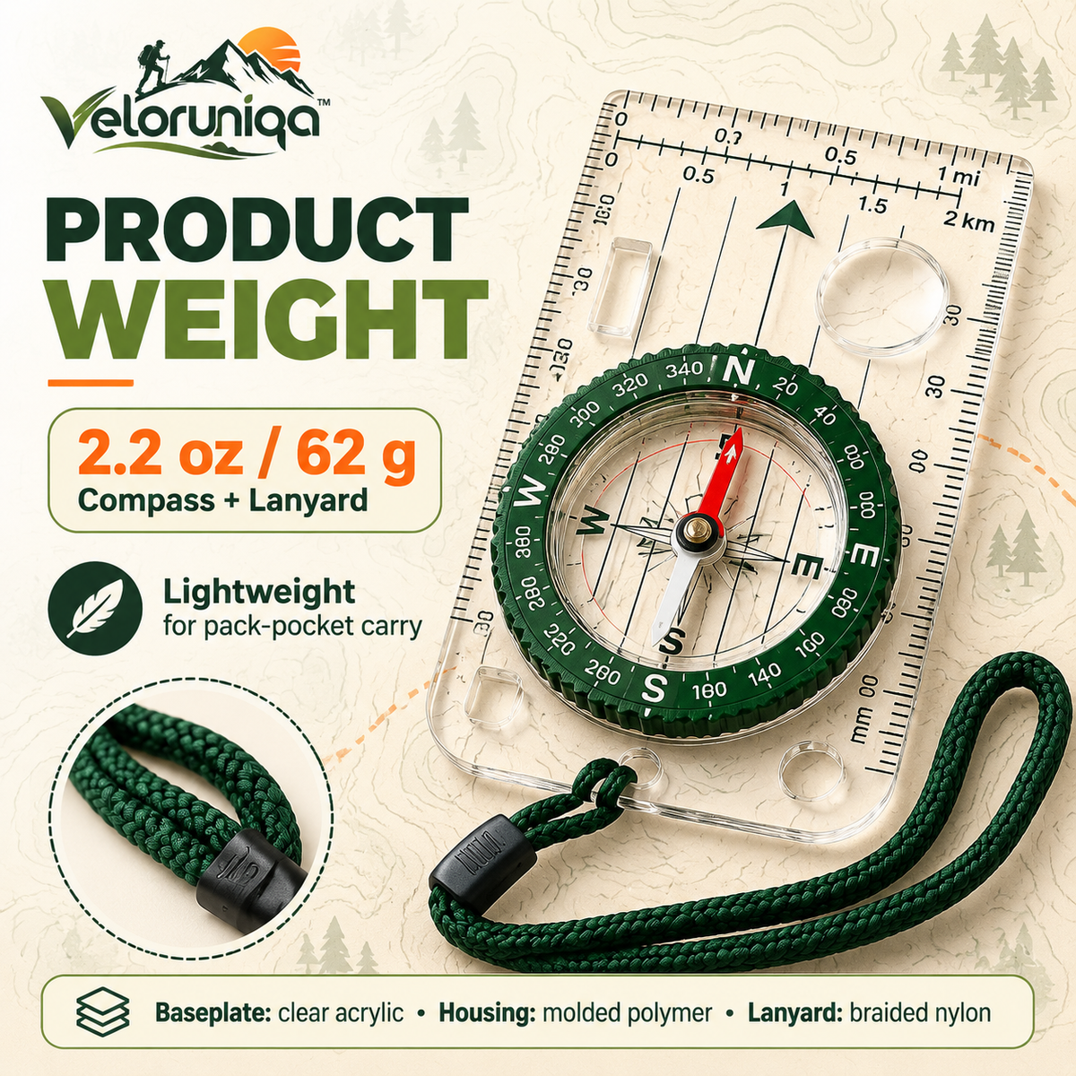 veloruniqa™ NorthMark Orienteering Compass with Map Scale & Lanyard