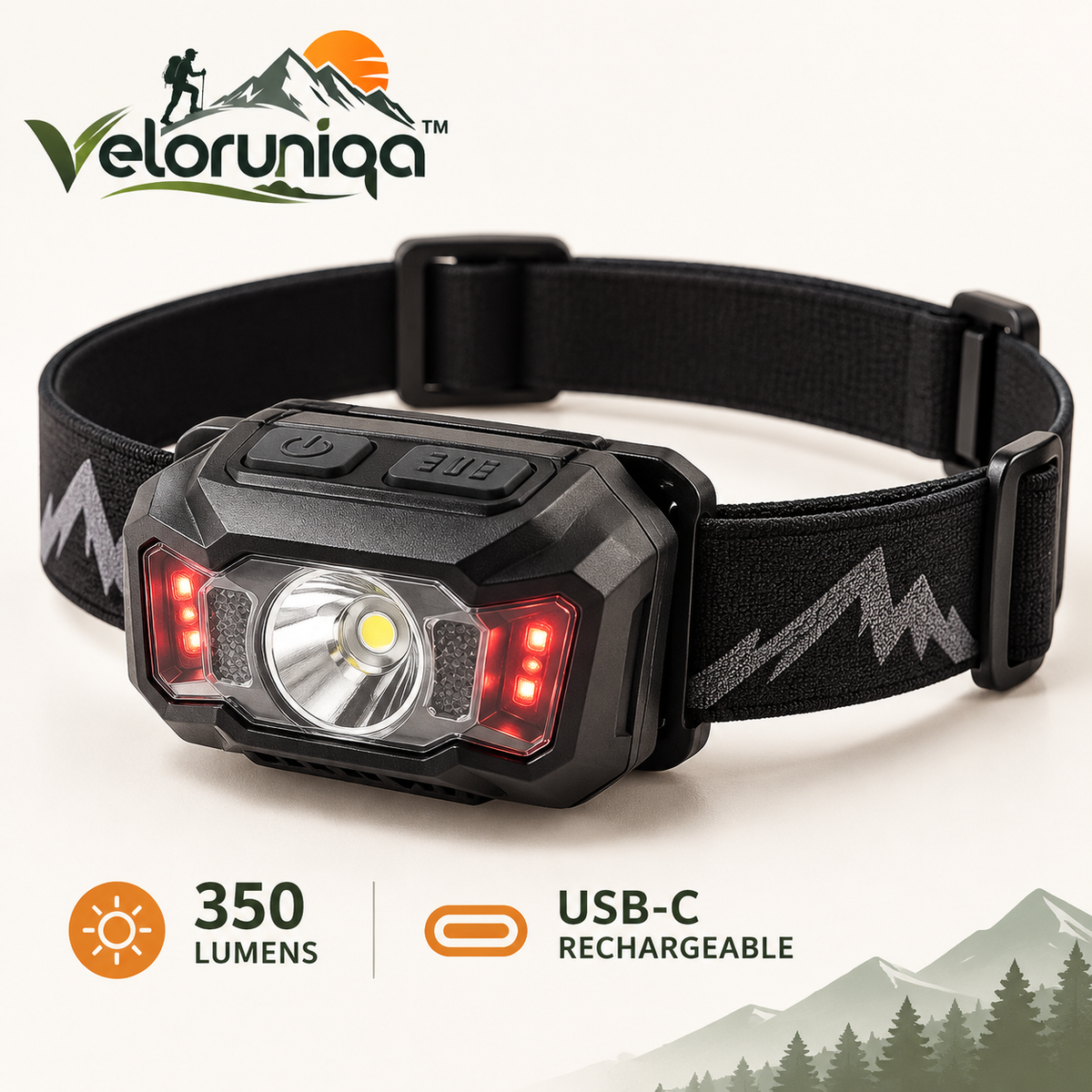 veloruniqa™ DawnPath 350-Lumen Rechargeable LED Hiking Headlamp