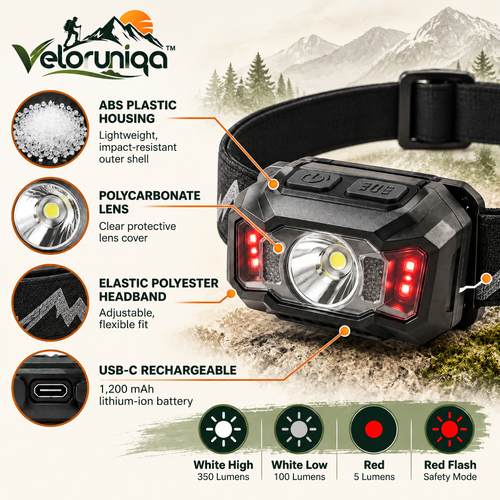 veloruniqa™ DawnPath 350-Lumen Rechargeable LED Hiking Headlamp
