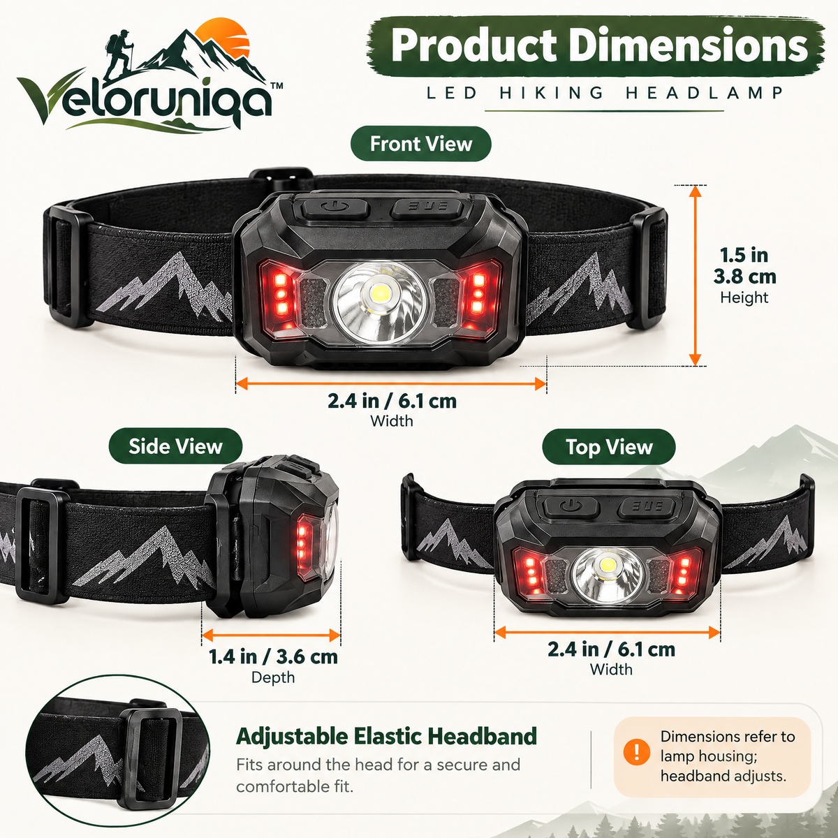 veloruniqa™ DawnPath 350-Lumen Rechargeable LED Hiking Headlamp