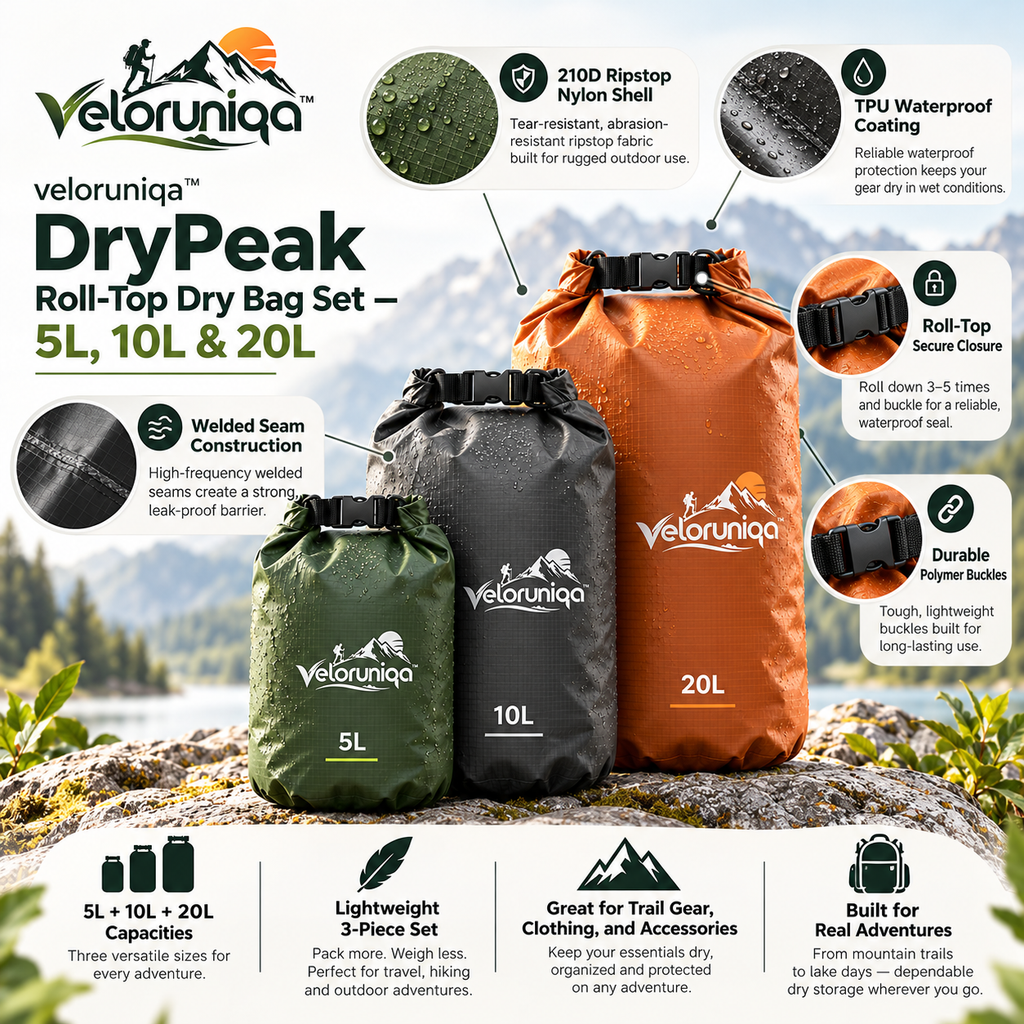 veloruniqa™ DryPeak Roll-Top Dry Bag Set — 5L, 10L & 20L