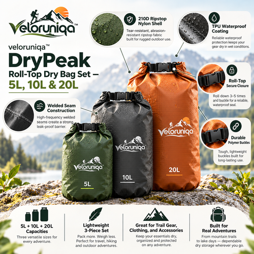 veloruniqa™ DryPeak Roll-Top Dry Bag Set — 5L, 10L & 20L