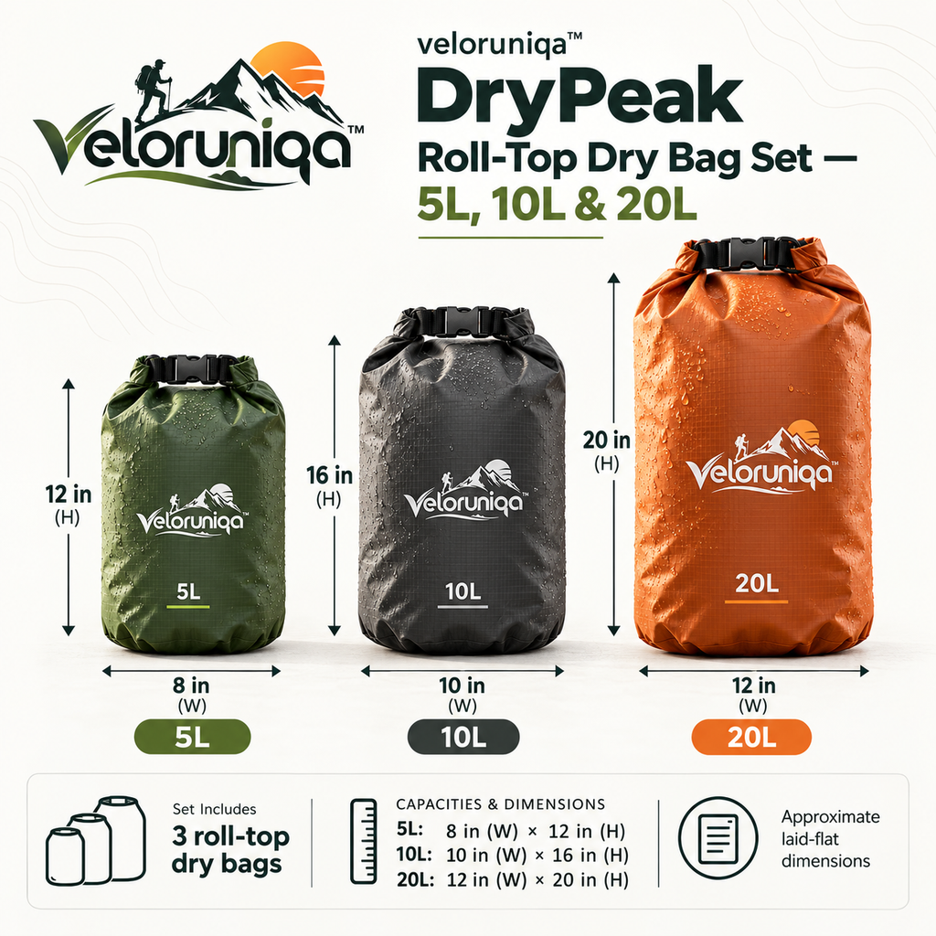 veloruniqa™ DryPeak Roll-Top Dry Bag Set — 5L, 10L & 20L