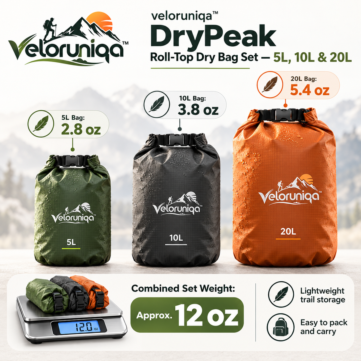 veloruniqa™ DryPeak Roll-Top Dry Bag Set — 5L, 10L & 20L