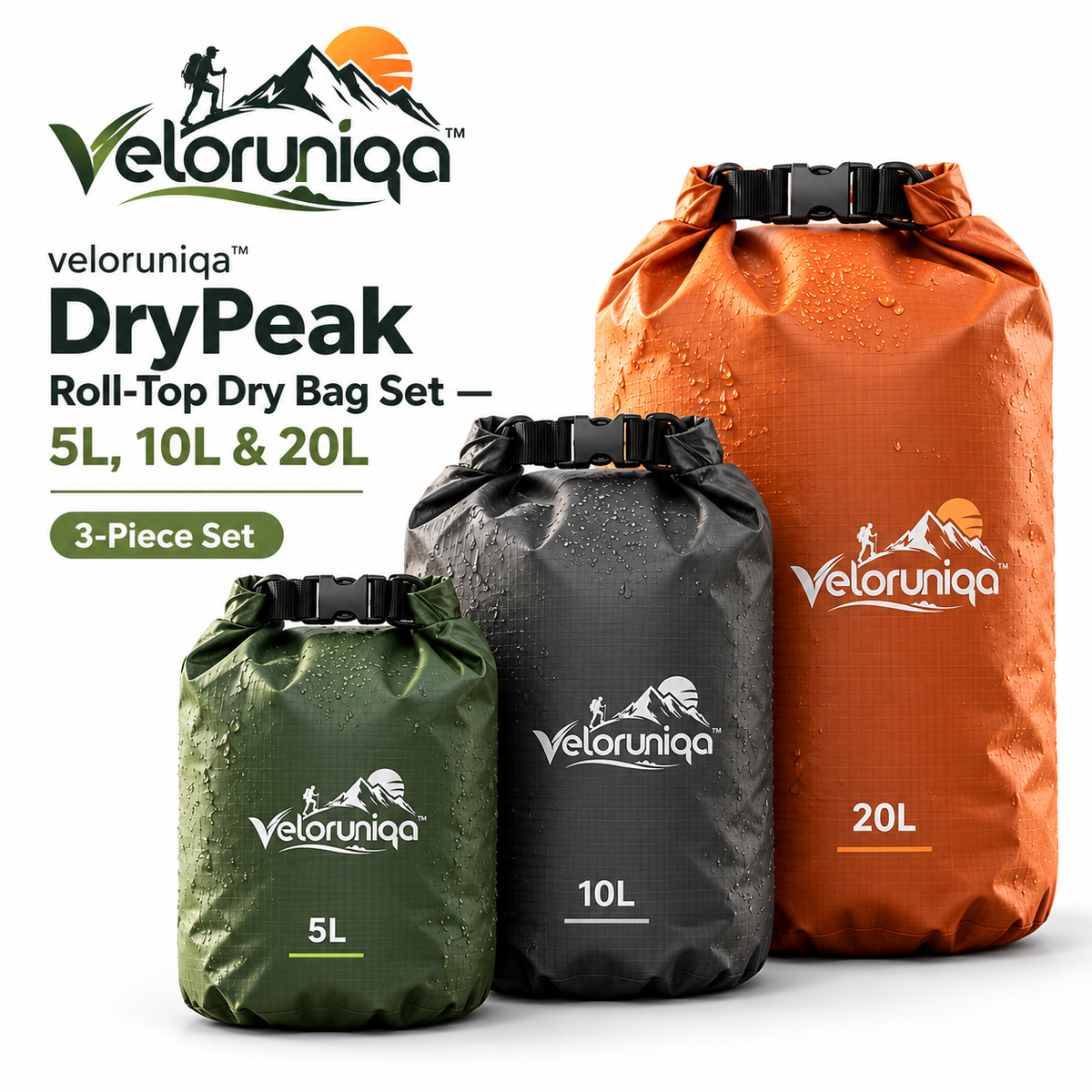 veloruniqa™ DryPeak Roll-Top Dry Bag Set — 5L, 10L & 20L